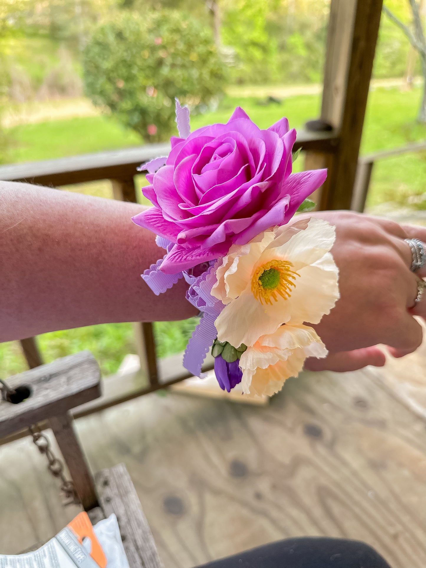 Faux Real-Touch Floral Wrist Corsage - Slap Bracelet